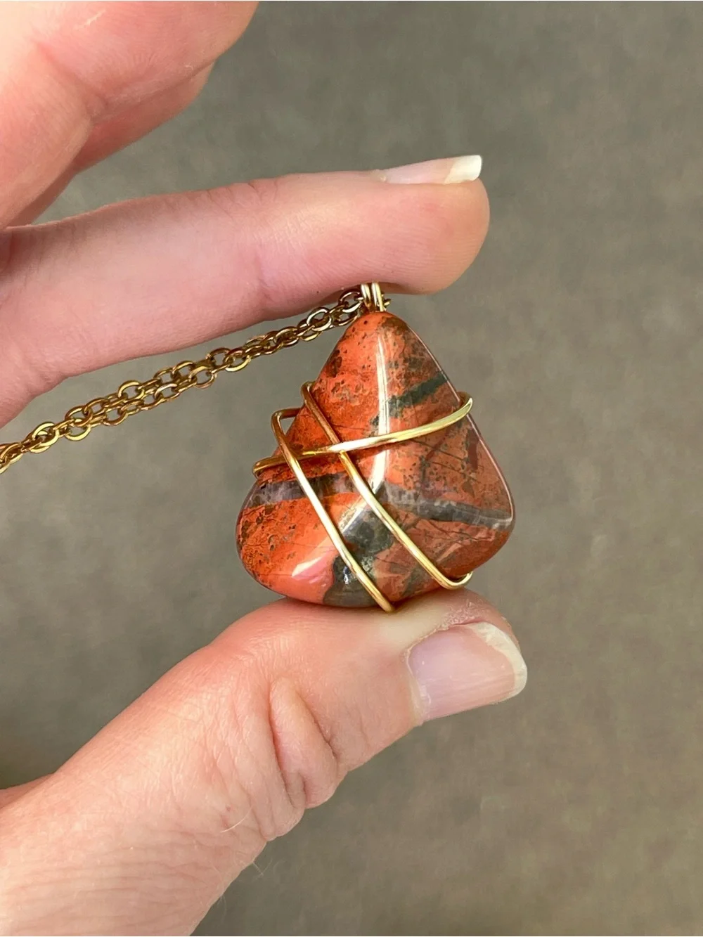 Mookaite Wire Wrap Necklace Stainless Steel Gold Plated Chain Handmade